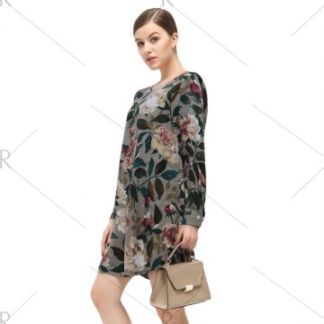 Casual Round Collar Long Sleeve Floral Print Pocket Dress for Women - Geometric Print