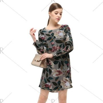 Casual Round Collar Long Sleeve Floral Print Pocket Dress for Women - Geometric Print