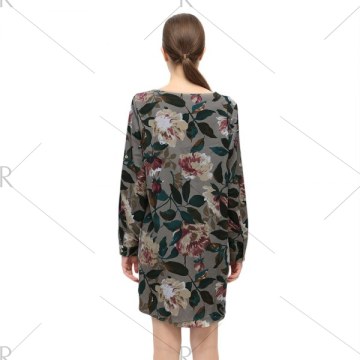 Casual Round Collar Long Sleeve Floral Print Pocket Dress for Women - Geometric Print