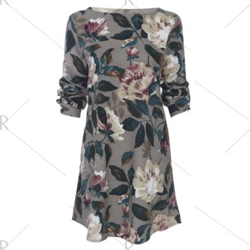 Casual Round Collar Long Sleeve Floral Print Pocket Dress for Women - Geometric Print