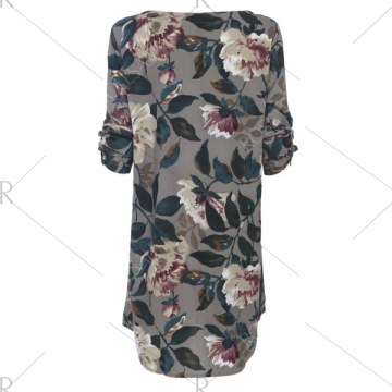 Casual Round Collar Long Sleeve Floral Print Pocket Dress for Women - Geometric Print