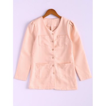 Casual Style Scoop Neck Candy Color Puff Sleeve Cotton Women's Coat - Pink One