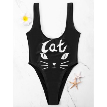 Cat Face High Cut wimwear - Black
