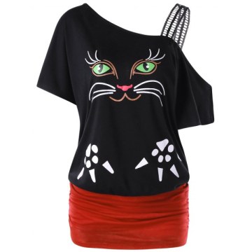 Cat Print Skew Collar Tunic T-shirt - Black