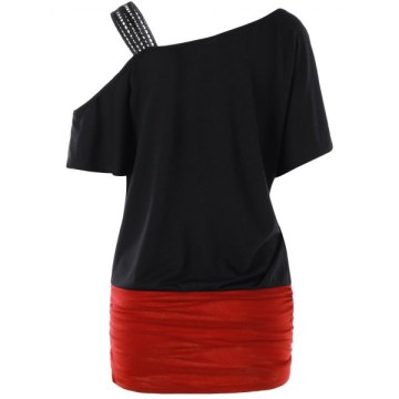 Cat Print Skew Collar Tunic T-shirt - Black