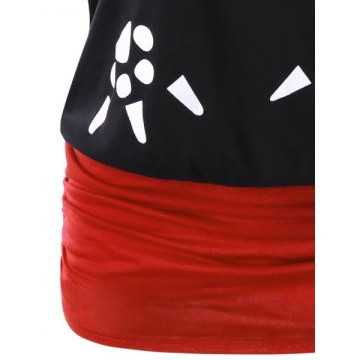 Cat Print Skew Collar Tunic T-shirt - Black