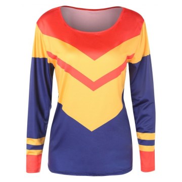 Chevron Pattern Color Block Full Sleeve T-shirt - Golden Brown