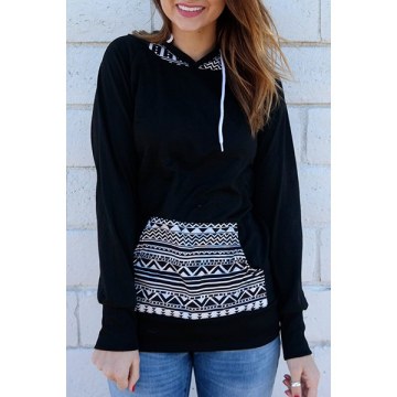 Chic Hooded Long leeve Geometric Print Women's Hoodie - Black