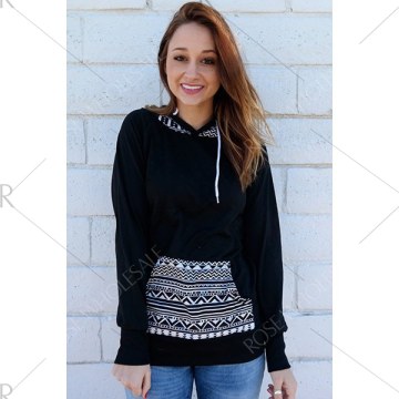 Chic Hooded Long leeve Geometric Print Women's Hoodie - Black