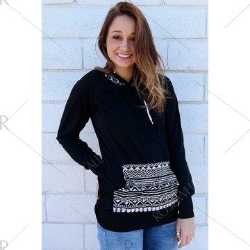 Chic Hooded Long leeve Geometric Print Women's Hoodie - Black
