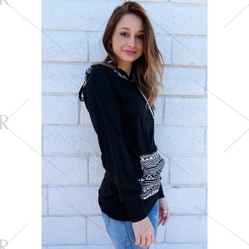 Chic Hooded Long leeve Geometric Print Women's Hoodie - Black