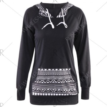 Chic Hooded Long leeve Geometric Print Women's Hoodie - Black