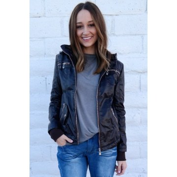 Chic Hooded Solid Color Detachable Sleeve Faux Leather Jacket For Women - Coffee