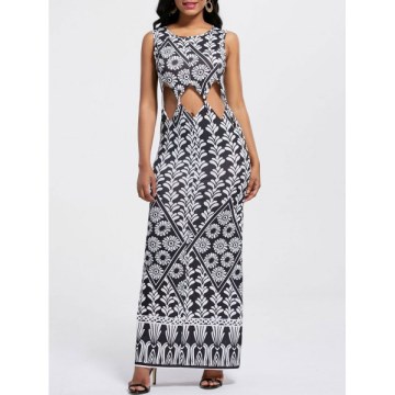 Chic Women's Cut Out Sleeveless Floral Print Dress - White And Black