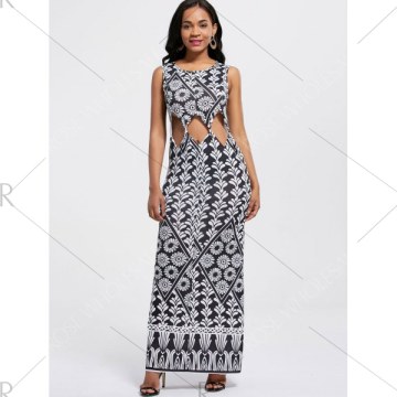 Chic Women's Cut Out Sleeveless Floral Print Dress - White And Black