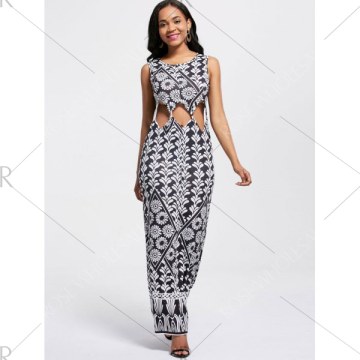 Chic Women's Cut Out Sleeveless Floral Print Dress - White And Black