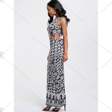 Chic Women's Cut Out Sleeveless Floral Print Dress - White And Black