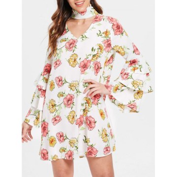 Choker Neck Floral Shift Dress - White