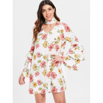 Choker Neck Floral Shift Dress - White