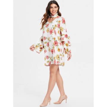 Choker Neck Floral Shift Dress - White