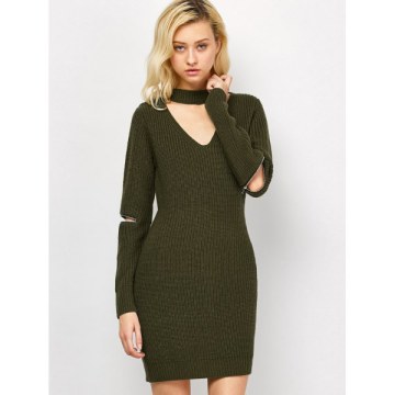 Choker Neck Short Sheath Fitted Sweater Dress - Army Green