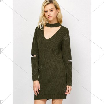 Choker Neck Short Sheath Fitted Sweater Dress - Army Green