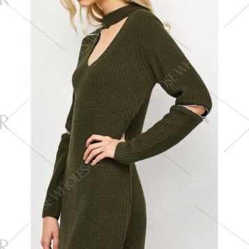 Choker Neck Short Sheath Fitted Sweater Dress - Army Green