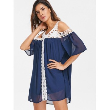 Cold houlder Crochet hift Dress - Denim Dark Blue