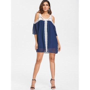 Cold houlder Crochet hift Dress - Denim Dark Blue