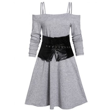 Cold Shoulder Dress And Corset Belt - Light Gray