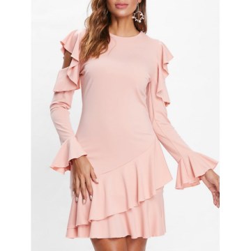 Cold Shoulder Flounced Mini Dress - Pink