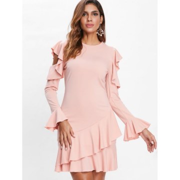 Cold Shoulder Flounced Mini Dress - Pink