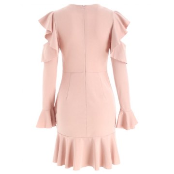 Cold Shoulder Flounced Mini Dress - Pink