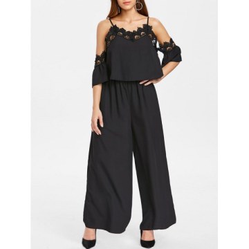 Cold Shoulder Lace Insert Wide Leg Jumpsuit - Black