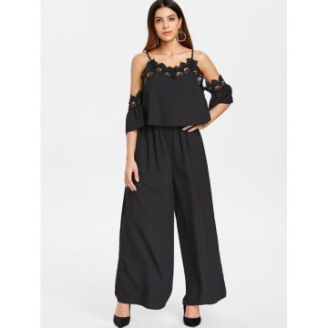 Cold Shoulder Lace Insert Wide Leg Jumpsuit - Black