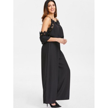 Cold Shoulder Lace Insert Wide Leg Jumpsuit - Black