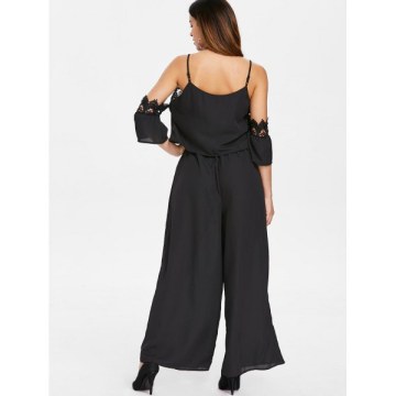 Cold Shoulder Lace Insert Wide Leg Jumpsuit - Black