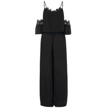 Cold Shoulder Lace Insert Wide Leg Jumpsuit - Black