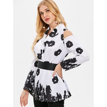 Cold Shoulder Printed Coat - White