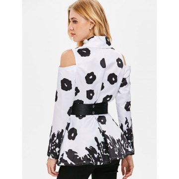 Cold Shoulder Printed Coat - White
