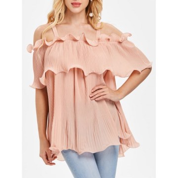 Cold Shoulder Ruffled Overlay Blouse - Pig Pink