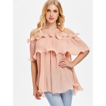Cold Shoulder Ruffled Overlay Blouse - Pig Pink