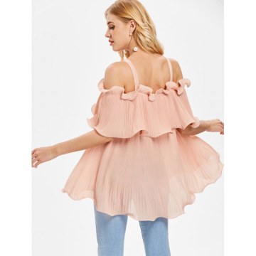 Cold Shoulder Ruffled Overlay Blouse - Pig Pink