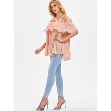 Cold Shoulder Ruffled Overlay Blouse - Pig Pink