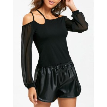 Cold Shoulder Sheer Chiffon Insert Top - Black
