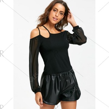 Cold Shoulder Sheer Chiffon Insert Top - Black