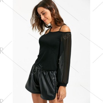 Cold Shoulder Sheer Chiffon Insert Top - Black