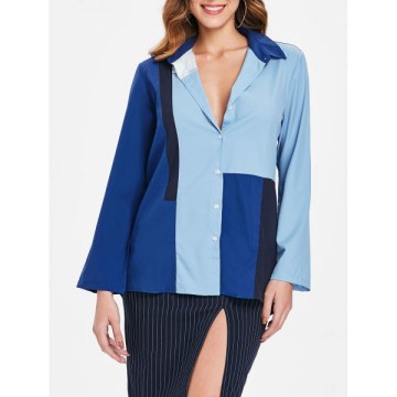 Color Block Button Up Plain hirt - Blue