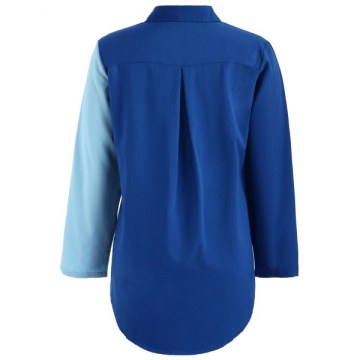 Color Block Button Up Plain hirt - Blue