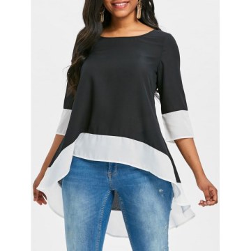 Color Block High Low Blouse - Black